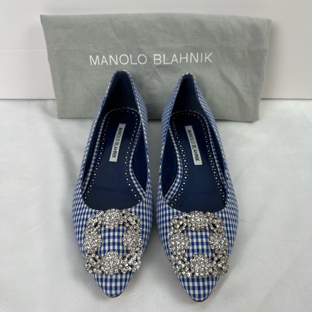 Manolo Blahnik Blue Gingham Flats with Crystal Buckles